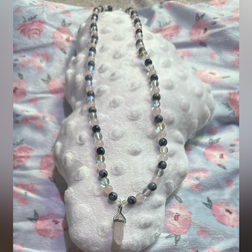 Roses & Stormy Night Necklace (rose quartz,snowflake obsidian,clear mermaid)